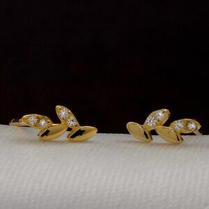 Leaves Design Gold Stud Earrings, Real Gold Plated Over 925 Sterling Silver